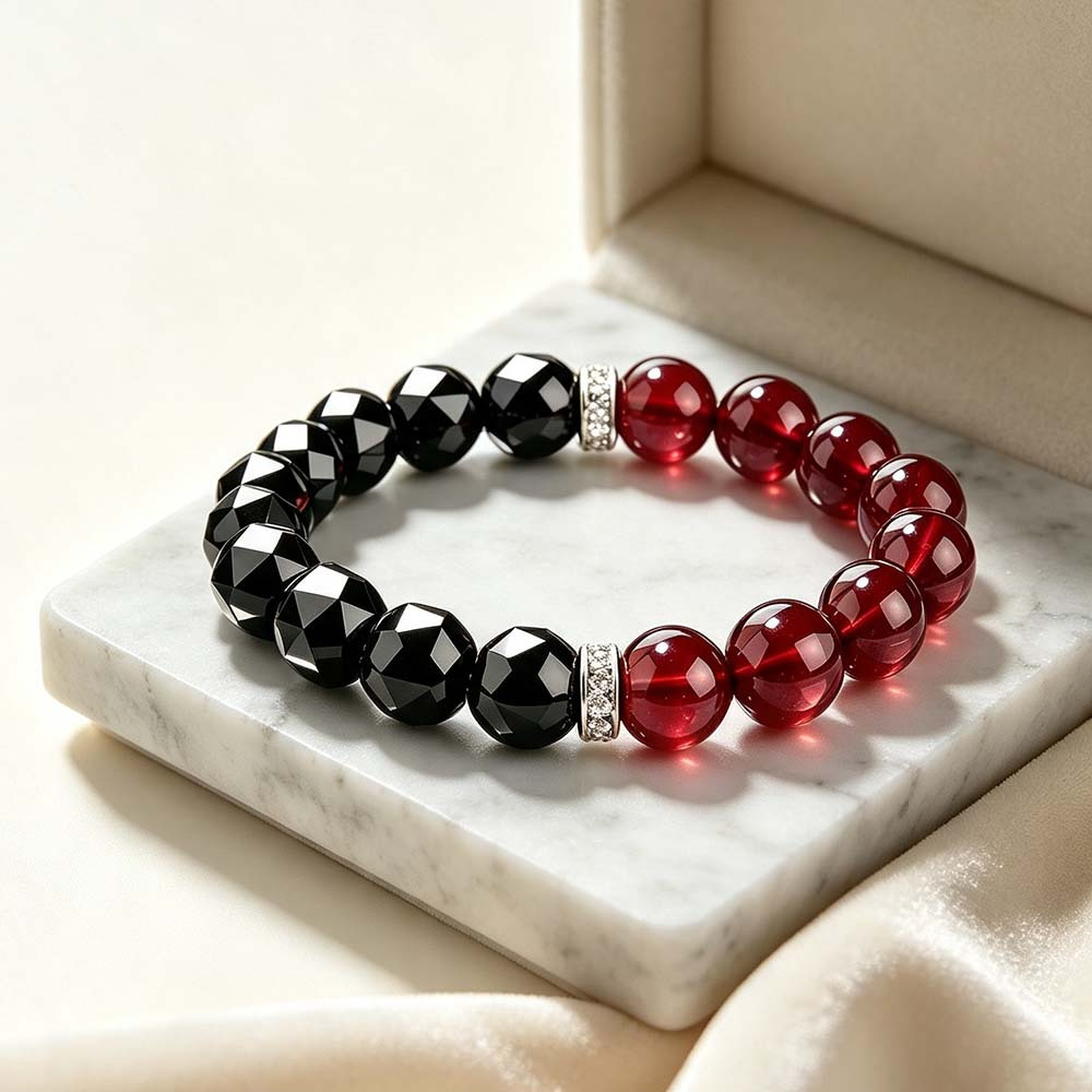 Men's Glossy Red Garnet & Obsidian Beaded Bracelet — Daily Wear